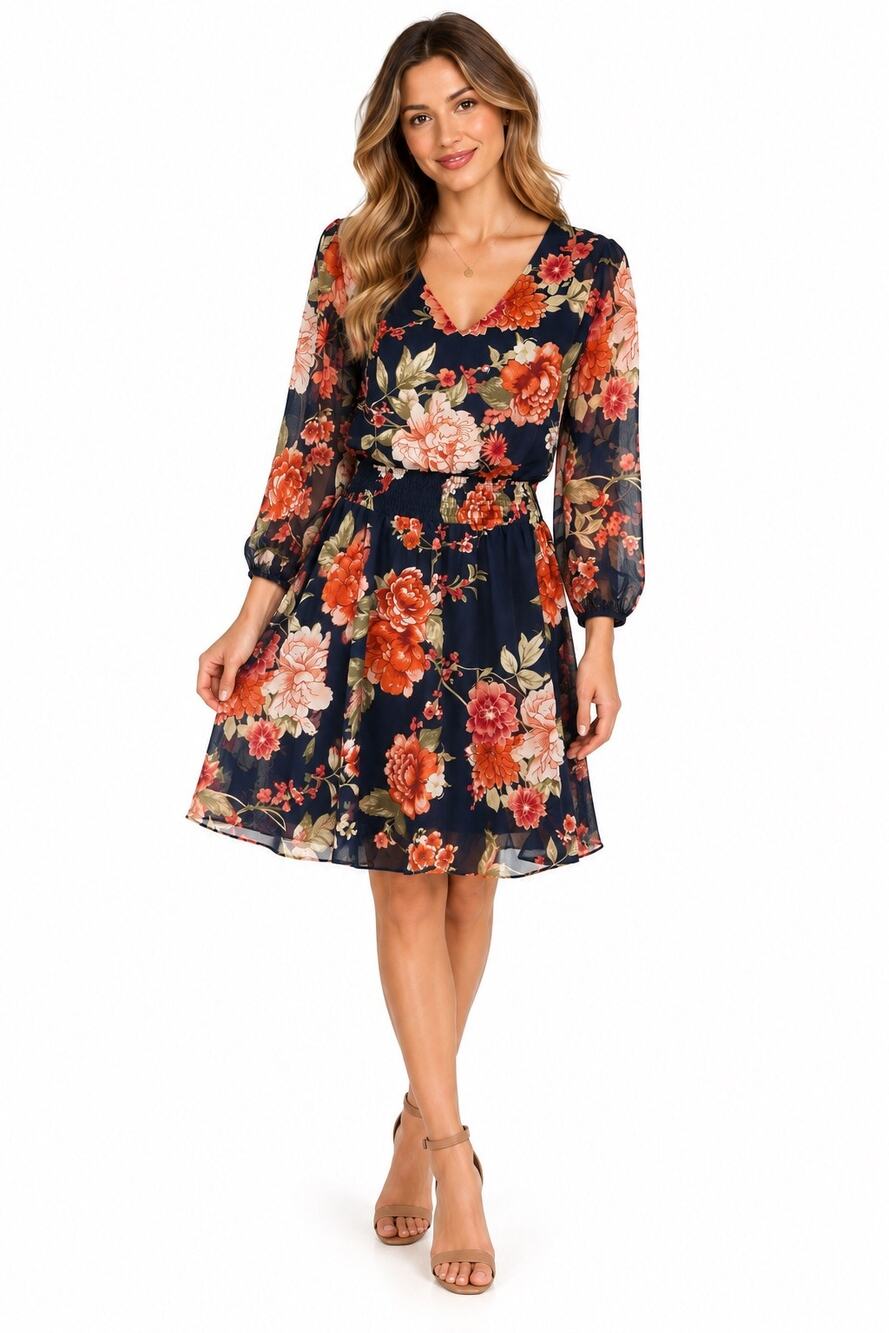 Enfocus Navy & Coral Floral V-Neck Smocked Waist 3/4 Sleeve Knee Length Dress
